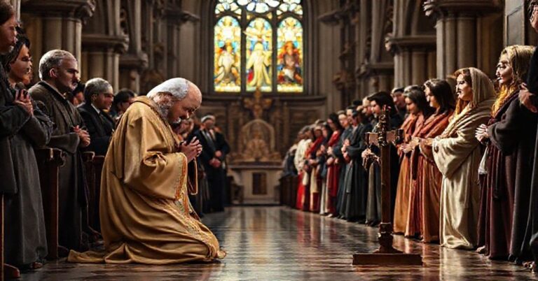 Tradycyjne katolickie przedstawienie św. Franciszka z Asyżu modlącego się w kościele z grupą wiernych