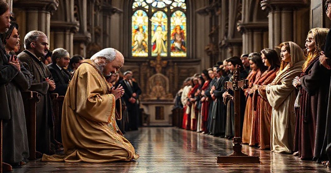 Św. Franciszek z Asyżu - katolickie oddanie Tradycyjne katolickie przedstawienie św. Franciszka z Asyżu modlącego się w kościele z grupą wiernych