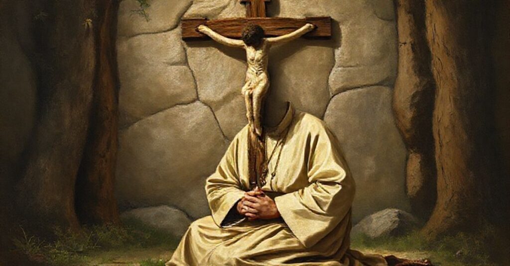 Tradycyjny portret świętego Franciszka z Asyżu modlącego się przed krzyżem w otoczeniu natury.