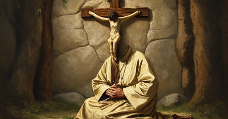 Tradycyjny portret świętego Franciszka z Asyżu modlącego się przed krzyżem w otoczeniu natury.