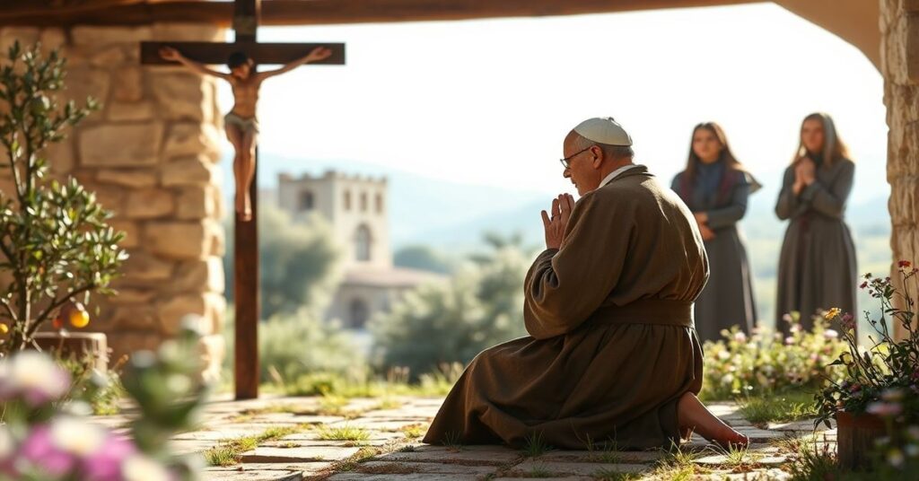 Święty Franciszek z Asyżu w modlitwie przed krzyżem w kaplicy w stylu tradycyjnie katolickim