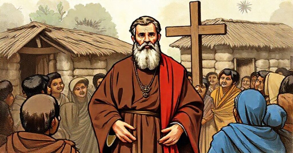 Święty Franciszek Ksawery w tradycyjnym stroju jezuitów na misji w Indiach, otoczony lokalnymi poganami słuchającymi jego kazania.