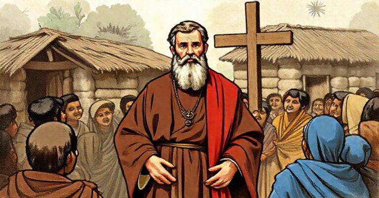 Święty Franciszek Ksawery w tradycyjnym stroju jezuitów na misji w Indiach, otoczony lokalnymi poganami słuchającymi jego kazania.