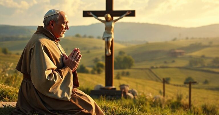 Portret świętego Franciszka z Asyżu w tradycyjnym habicie franciszkańskim modlącego się przed krucyfiksem na tle spokojnego krajobrazu wiejskiego.