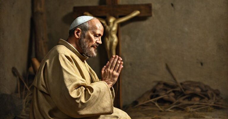 Portret św. Franciszka z Asyżu w modlitwie przed krzyżem, podkreślający jego chrystocentryczną duchowość i ascetyzm