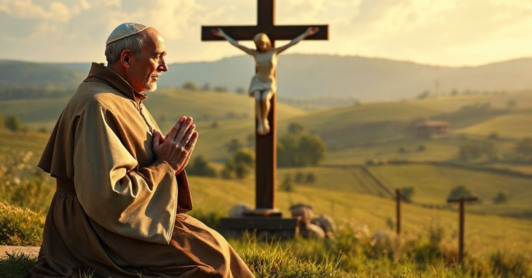 Święty Franciszek z Asyżu - modlitwa i pokuta Portret świętego Franciszka z Asyżu w tradycyjnym habicie franciszkańskim modlącego się przed krucyfiksem na tle spokojnego krajobrazu wiejskiego.