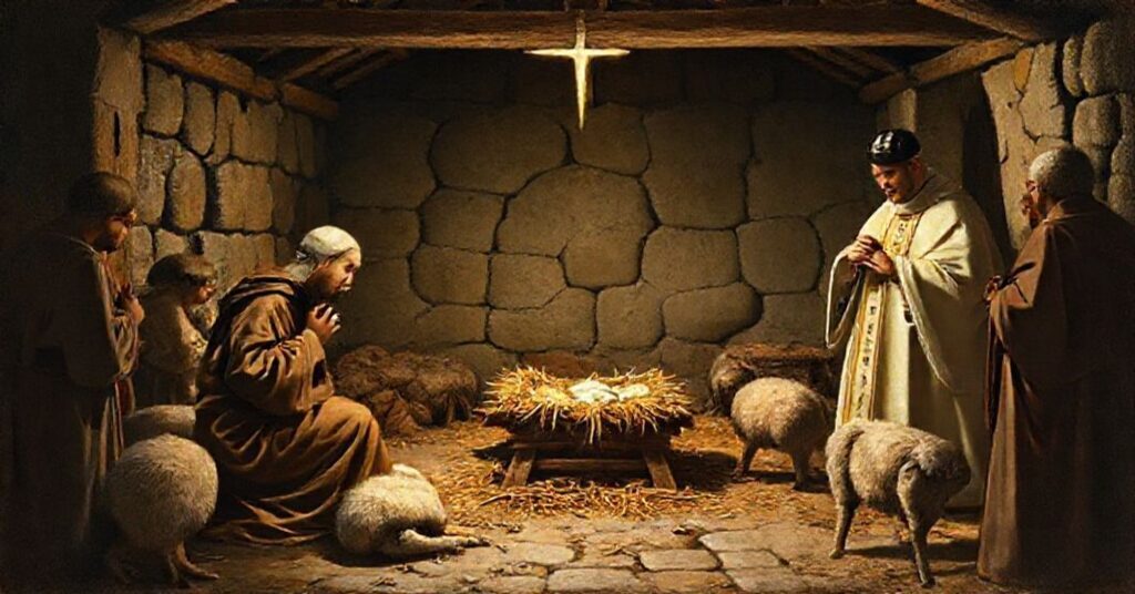 Św. Franciszek z AsyŻu organizujący pierwszą szopkę w Greccio w 1223 roku.