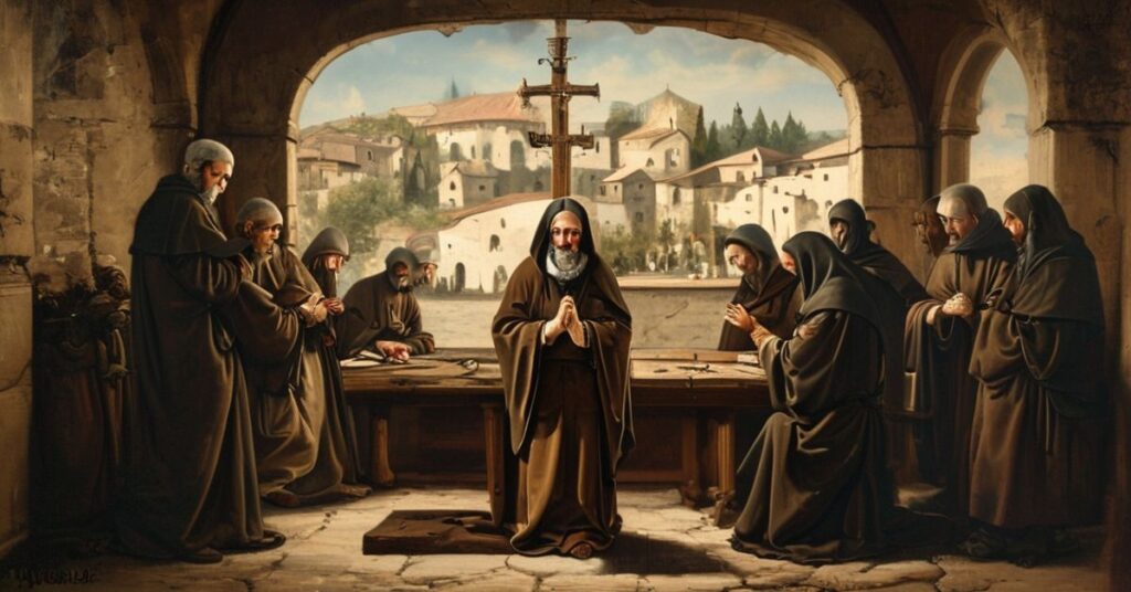 Św. Franciszek z Asyżu modli się w rustykalnej kaplicy, otoczony franciszkańskimi braćmi w prostych habitach. Scena podkreśla pokutę i miłość do Chrystusa.