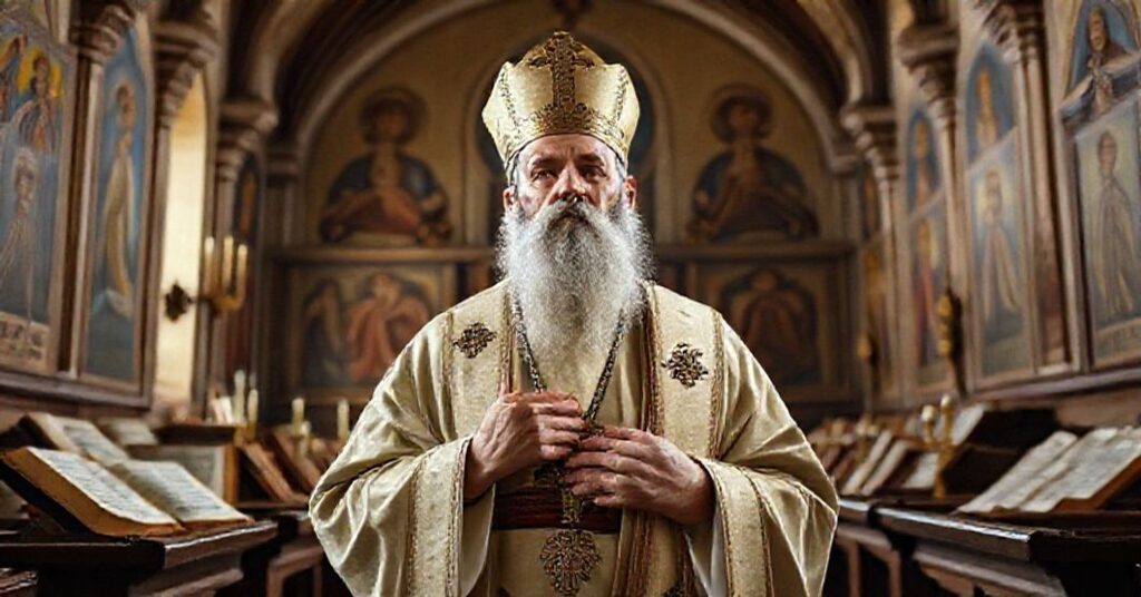 Św. Grzegorz Cudotwórca stojący w tradycyjnym kościele katolickim z manuskryptami i ikonami