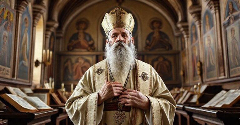 Św. Grzegorz Cudotwórca stojący w tradycyjnym kościele katolickim z manuskryptami i ikonami