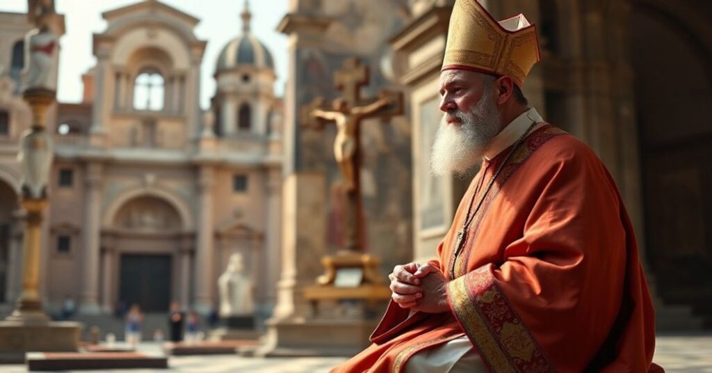 Portret św. Ignacego z Antiochii modlącego się przed krzyżem w tradycyjnym koście rzymskim.