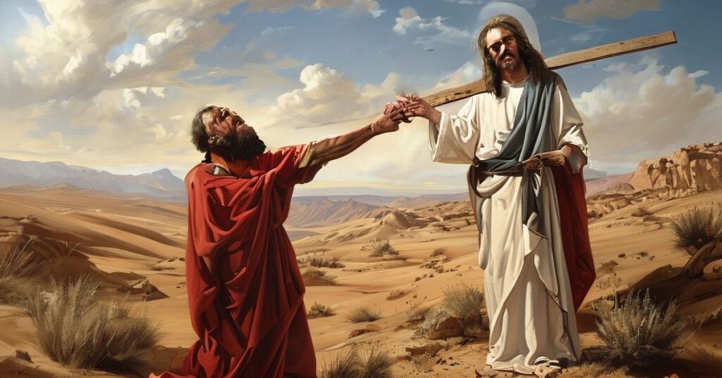 Tradycyjne katolickie przedstawienie św. Jana Chrzciciela w pustyni z krzyżem i wskazującym na Chrystusa.