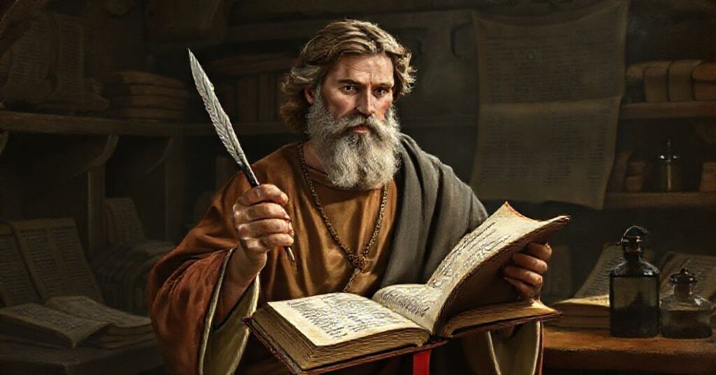 Tradycyjne przedstawienie św. Jana Ewangelisty w stroju katolickim, trzymającego pióro i otwartą Biblię z tekstem 'Na początku było Słowo'.