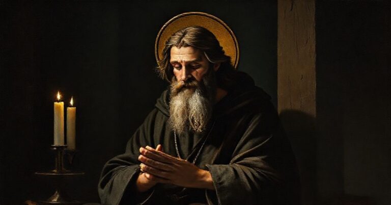 Portret św. Jana od Krzyża w tradycyjnym katolickim otoczeniu, symbolizujący jego nauczanie o duchowości.