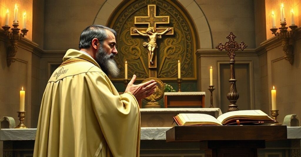 Św. Jan Kanty celebrujący Mszę świętą w klasycznym rycie w historycznym kościele.