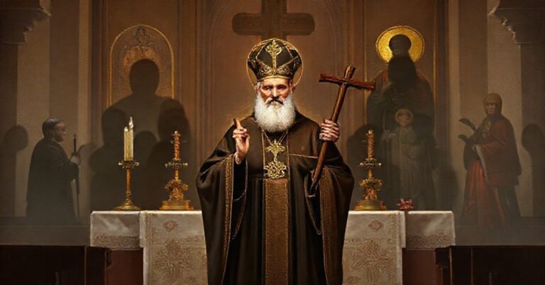 Św. Jozafat Kuncewicz stojący przed podzieltym ołtarzem symbolizującym konflikt między prawdziwą jednością Kościoła a modernistyczną mistyfikacją ekumenizmu.