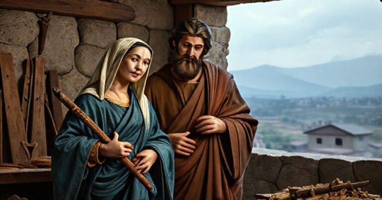 Tradycyjne przedstawienie św. Józefa i Najświętszej Marji w warsztacie stolarza w Nazarecie.