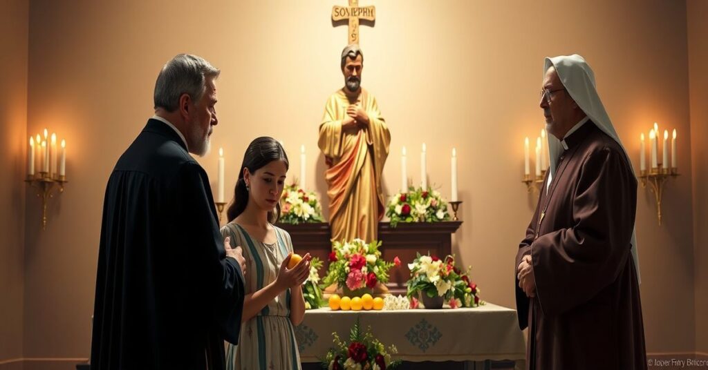 Św. Józef stoi przy ołtarzu z kandelabrami i kwiatami, trzymając Dzieciątko Jezus. Młoda kobieta trzyma cytrynę przed ołtarzem, rozmyślająca nad przesądami i prawdziwą pobożnością.