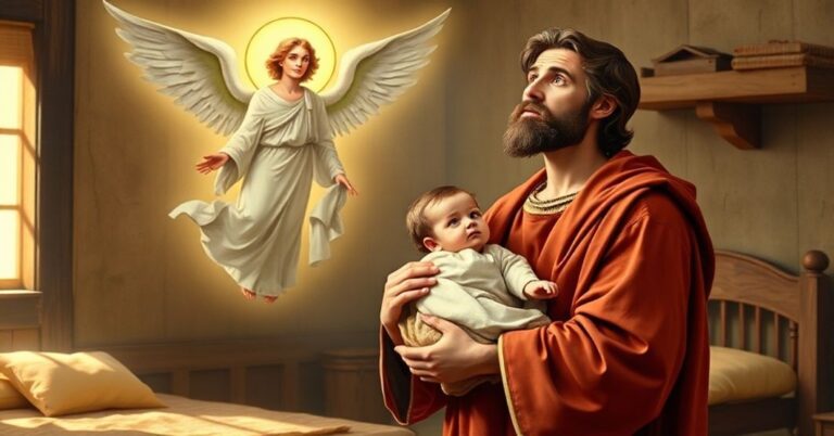 Św. Józef trzymający Dzieciątko Jezus i Matkę w chwili otrzymywania Bożego polecenia do ucieczki do Egiptu