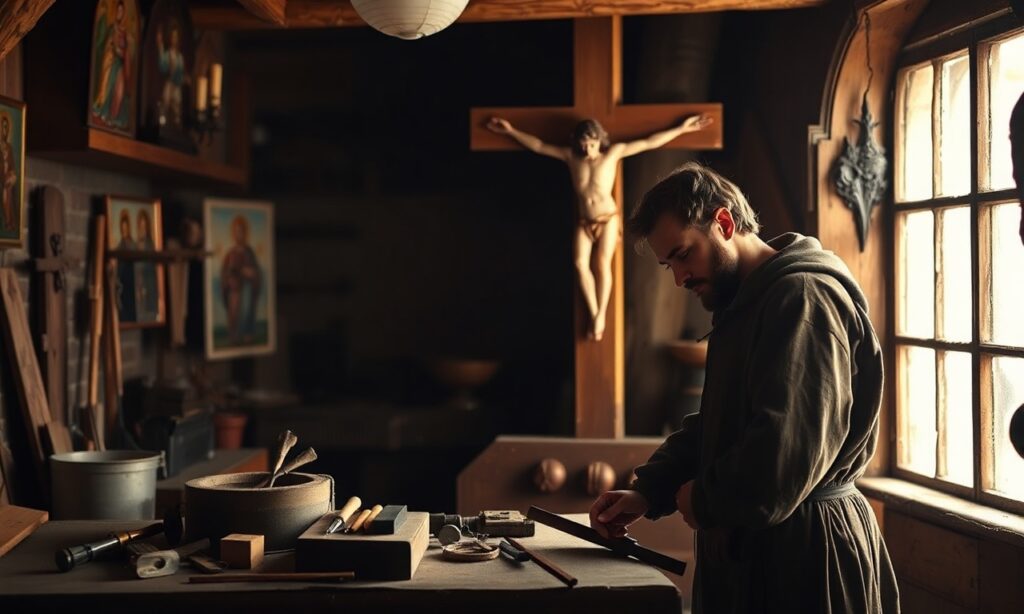 Tradycyjny warsztat św. Józefa z krzyżem na tle i ikonami religijnymi