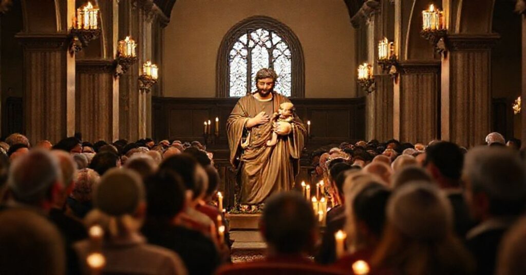 Statuę Świętego Józefa trzymającego Dzieciątko Jezus w tradycyjnym kościele katolickim z pobożnymi wiernymi