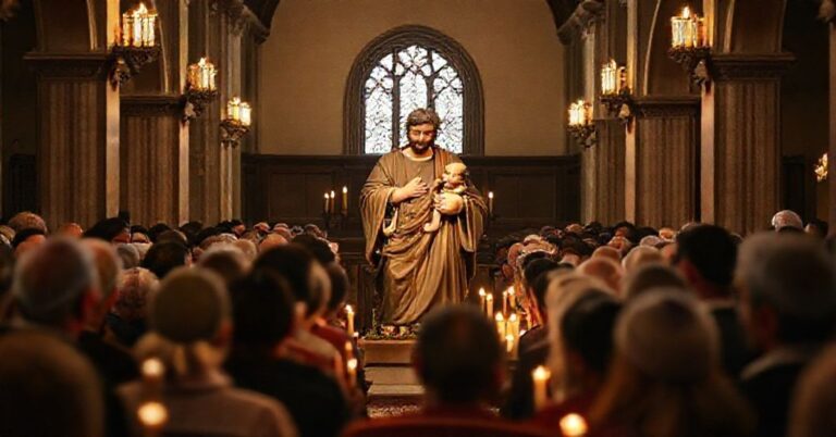 Statuę Świętego Józefa trzymającego Dzieciątko Jezus w tradycyjnym kościele katolickim z pobożnymi wiernymi