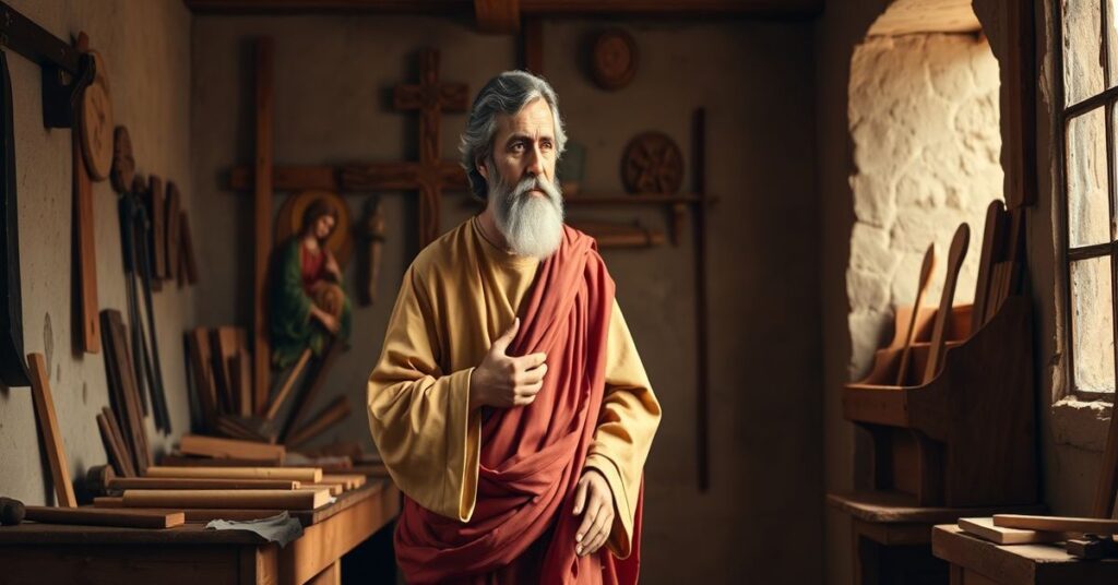 Obraz przedstawiający św. Józefa jako wzór chrześcijańskiego ojcostwa w tradycyjnym katolickim stylu
