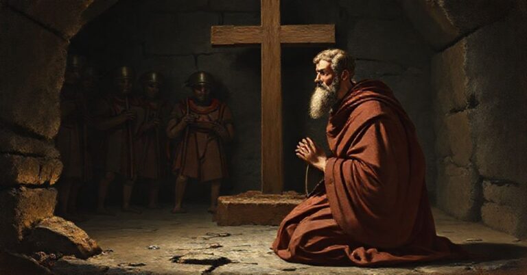 Św. Kalikst I w modlitwie przed krzyżem, otoczony rzymskimi żołnierzami w scenerii podziemnej komory