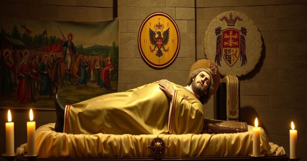 Obraz przedstawiający ciało św. Kazimierza w grobie, z akcentem na braku chrystocentrycznych elementów w tradycyjnym katolickim kontekście.