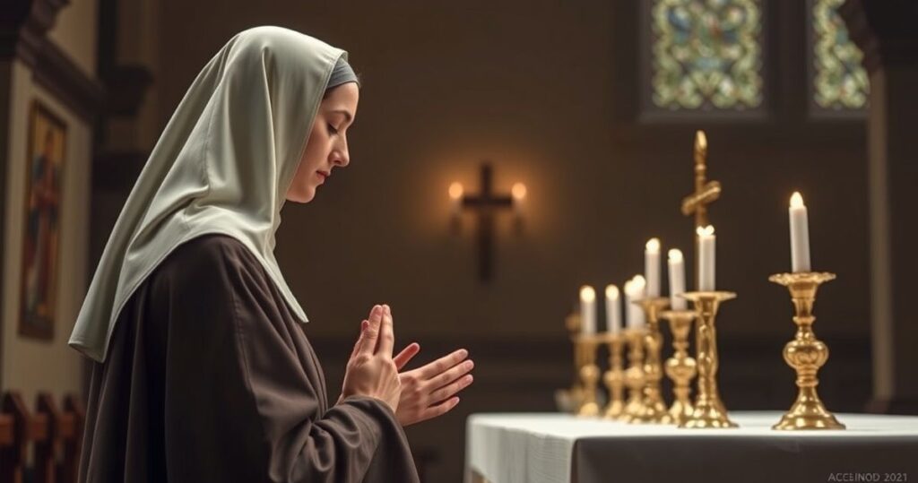 Realistyczny obraz św. Klary z Asyżu modlącej się przed Eucharystią w kaplicy, ukazujący jej pokorną postawę i głęboką religijność w tradycyjnym katolickim kontekście.