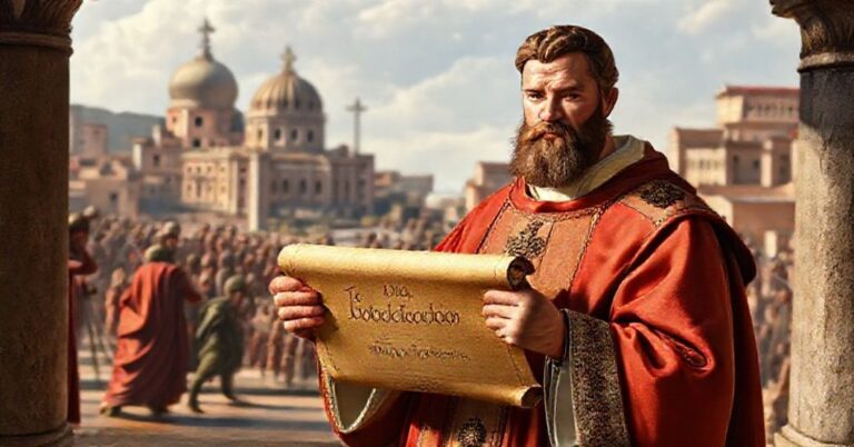 Św. Leon Wielki w stroju papieskim trzymający scroll z "Tomus ad Flavianum" na tle starożytnego Rzymu
