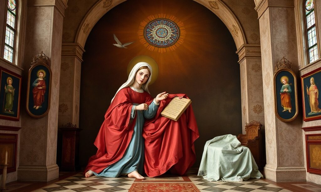 Św. Ludwik Maria Grignion de Montfort w modlitwie przed rzeźbą Matki Bożej w klasztorze z XVIII wieku