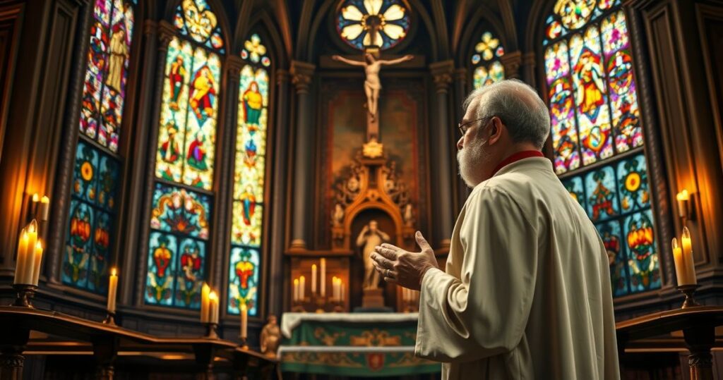 Fotografia realistyczna i pełna szacunku przedstawiająca św. Maksymiliana Kolbego w habicie franciszkańskim, modlącego się przed krucyfiksem, w cichym, sakralnym otoczeniu, oddająca jego pokorę i duchowość.