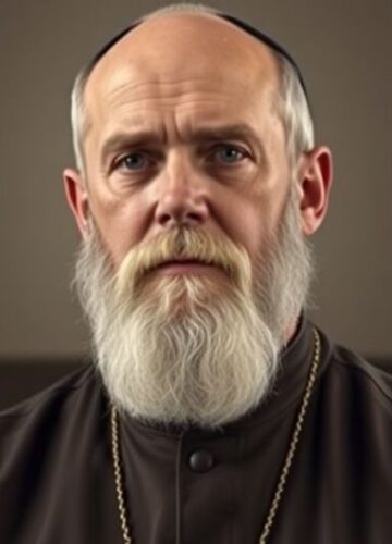 Św. Maksymilian Kolbe - portret katolicki w tradycyjnym stylu Fotografia realistyczna św. Maksymiliana Kolbego w tradycyjnym katolickim otoczeniu, ukazująca jego pokorny wyraz twarzy i habit franciszkański