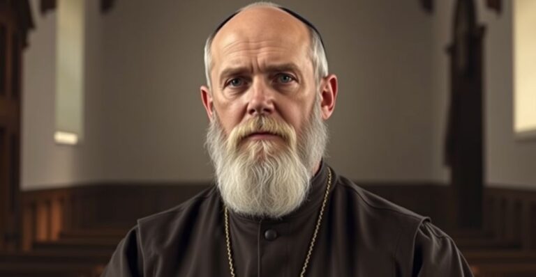 Fotografia realistyczna św. Maksymiliana Kolbego w tradycyjnym katolickim otoczeniu, ukazująca jego pokorny wyraz twarzy i habit franciszkański
