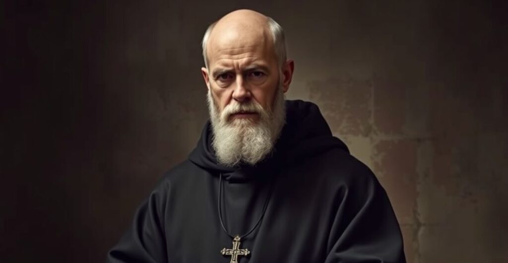 Realistyczne zdjęcie św. Maksymiliana Kolbego w poważnej, sakralnej scenerii, ukazujące go w tradycyjnym habicie franciszkańskim, oddające powagę i pokorę, bez symboliki i surrealizmu