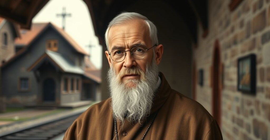 Realistyczne zdjęcie św. Maksymiliana Kolbego w tradycyjnym stylu katolickim, podkreślające jego pokorę i wiarę