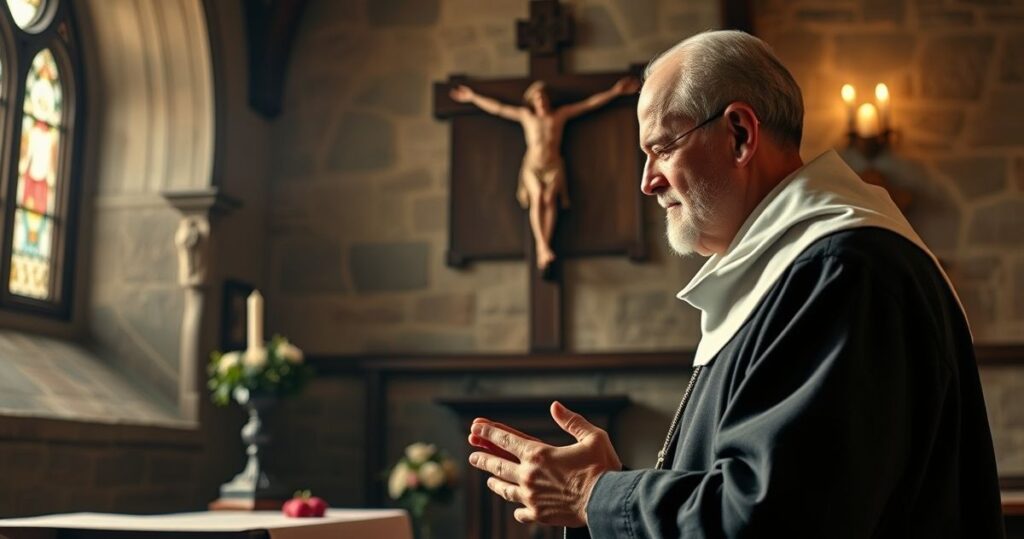 Realistyczny obraz św. Maksymiliana Kolbego w habitach franciszkańskich, modlącego się przed krucyfiksem w duchu katolickim, ukazujący jego pobożność i wierność Chrystusowi, bez symboli surrealistycznych czy zniekształceń.