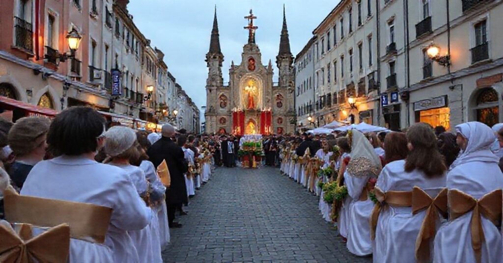 Święta Małgorzata Maria Alacoque w modlitwie przed Najświętszym Sakramentem, otoczona tradycyjnymi katolickimi elementami w Paray-le-Monial