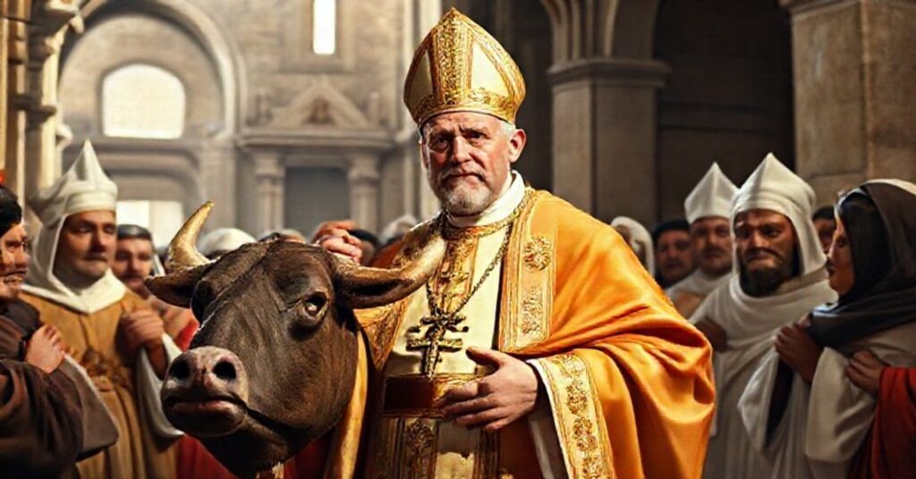 Obraz przedstawiający św. Marcina I w otoczeniu wiernych duchownych i laików, trzymającego papieski bullę. Tło to starożytna rzymska bazylika, podkreślająca wieczystą naturę katolickiej doktryny.