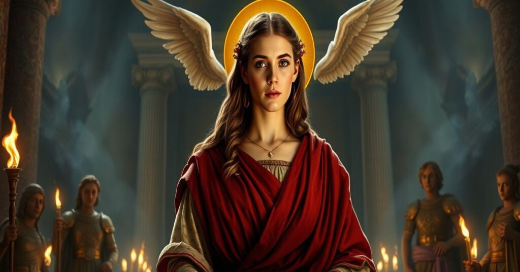 Święta Martyna stoi odważnie przed pogańskimi posągami w Rzymie, gotowa do męczeństwa z powodu wiary.