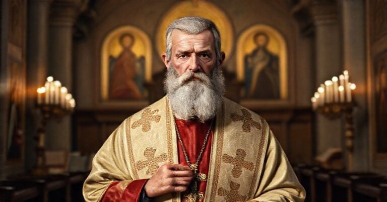 Realistyczny portret św. Mikołaja z Myry w tradycyjnych szatach biskupich, stojącego w poważnym kościele, odzwierciedlający jego obronę prawdy wiary.