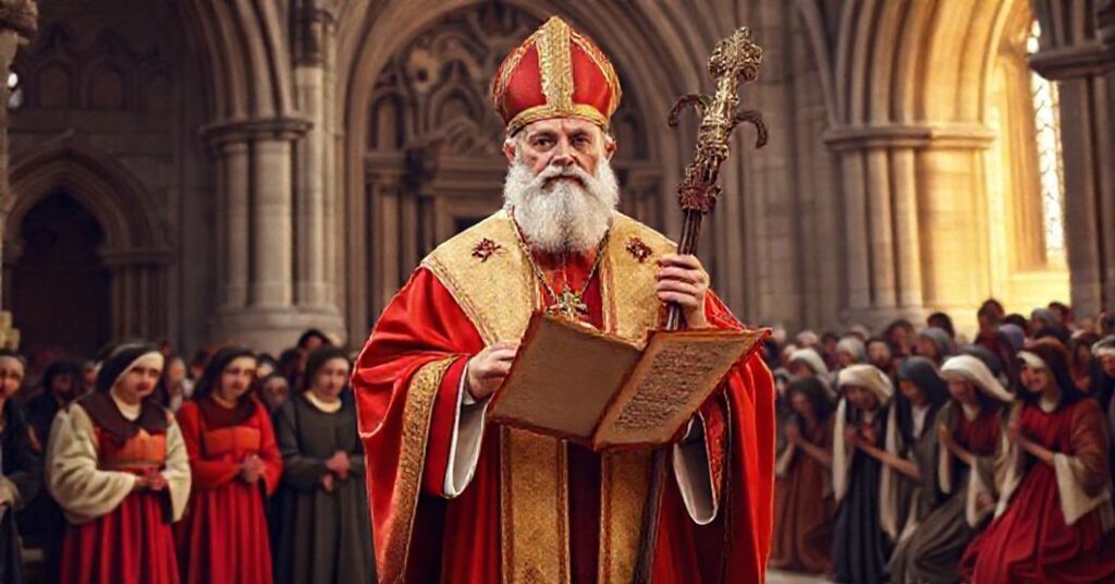 Tradacyjny rysunek św. Mikołaja z Myry jako obrońcy wiary katolickiej przed herezją