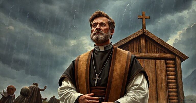 Rzeżny obraz św. Noego w habitach tradycyjnych przed arką pod burzliwym niebem