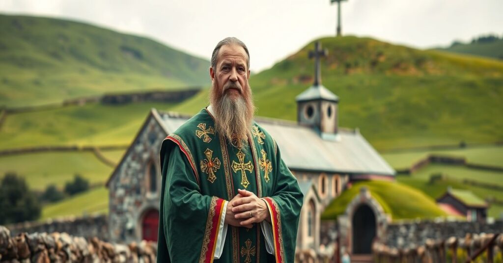 Rycina przedstawiająca św. Patryka w tradycyjnych habitu katolickich przed średniowiecznym kościołem irlandzkim z krzyżami celtyckimi. Scena podkreśla jego misję ewangelizacyjną i powołanie do nawrócenia.