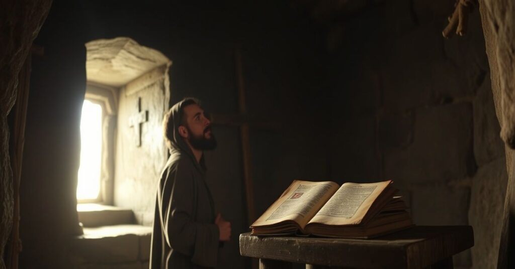 Św. Patryk w modlitwie w celi podczas niewoli w Irlandii