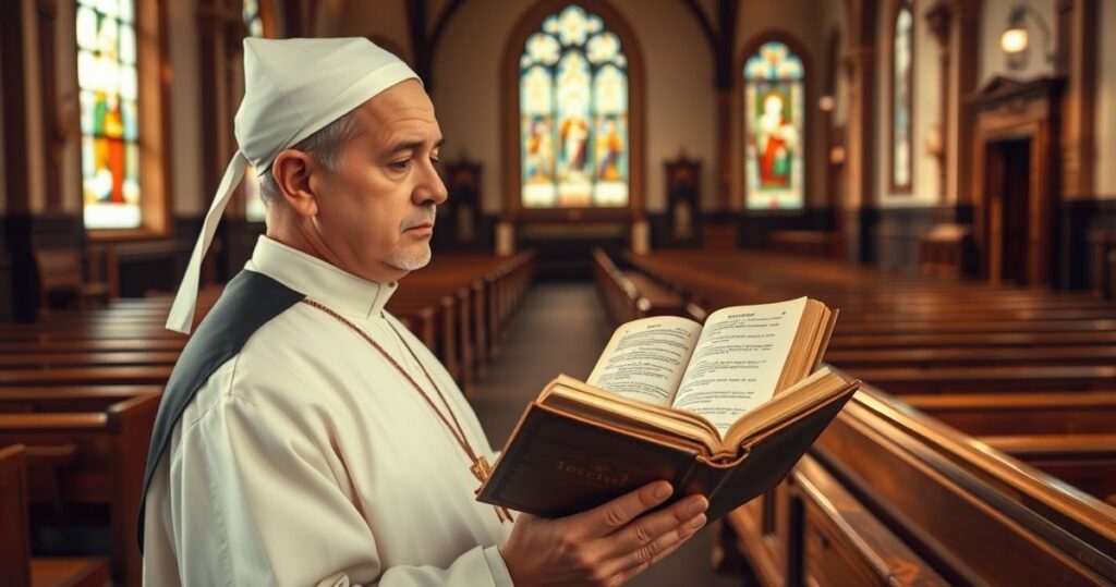 Tradycyjny katolicki ksiądz w ornacie trzymający starożytną Biblię otwartą na listach św. Pawła w klasycznym wnętrzu kościoła z witrażami i drewnianymi ławkami.