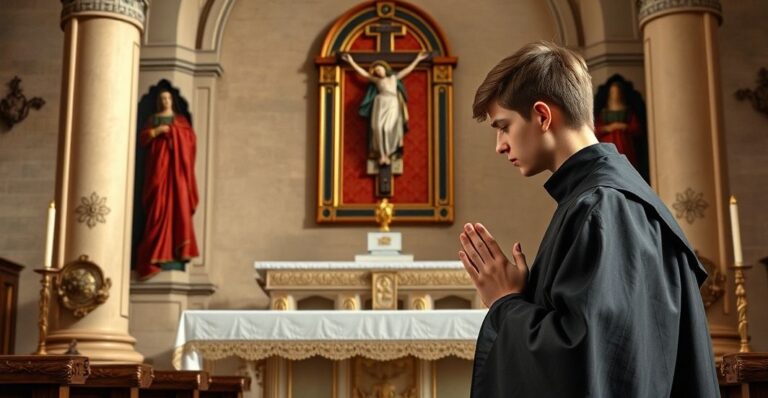 Realistyczny wizerunek św. Stanisława Kostki w tradycyjnym stroju jezuitów, modlącego się w kościele z krucyfiksem i obrazem Maryi, wywołujący uczucie pokory i religijnej powagi.