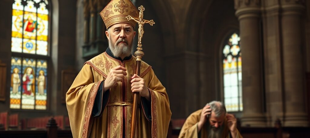 Obraz przedstawiający św. Stanisława Szczepanowskiego w katedrze gotyckiej z królem Bolesławem Śmiałym