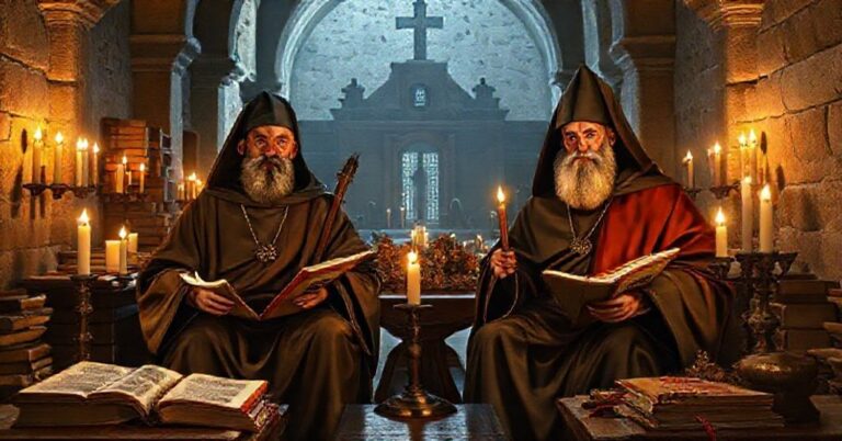 Tradycyjna scenka przedstawiająca św. Sylwestra Gozzoliniego i św. Piotra z Aleksandrii w habitach mnichów, otoczonych starymi rękopisami i przedmiotami religijnymi w klasztorze.